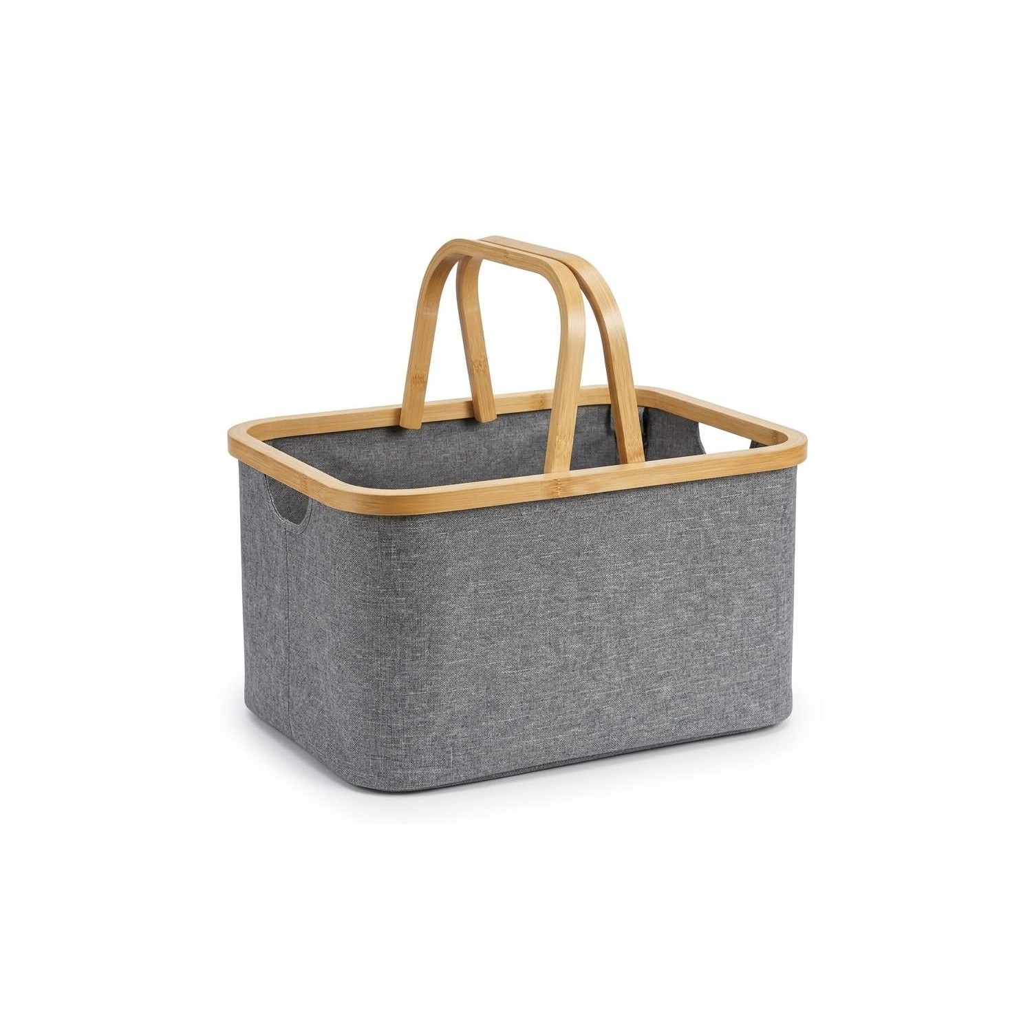 Gray fabric storage basket with a natural bamboo frame and carrying handles