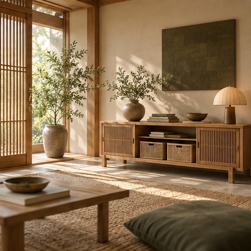 A sunlit living room with a wooden sideboard and bamboo storage baskets